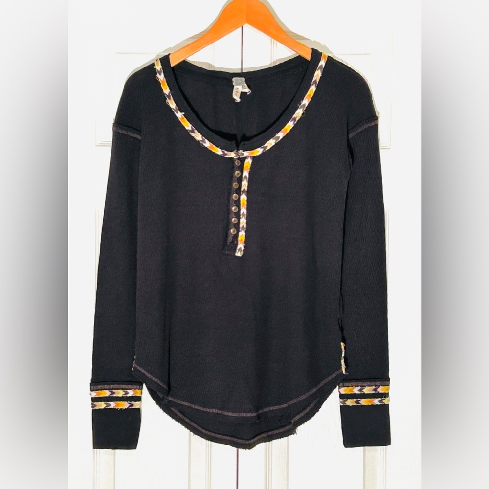 We The Free Black Long Sleeve Scoop Neck Henley Top with Colorful Trim